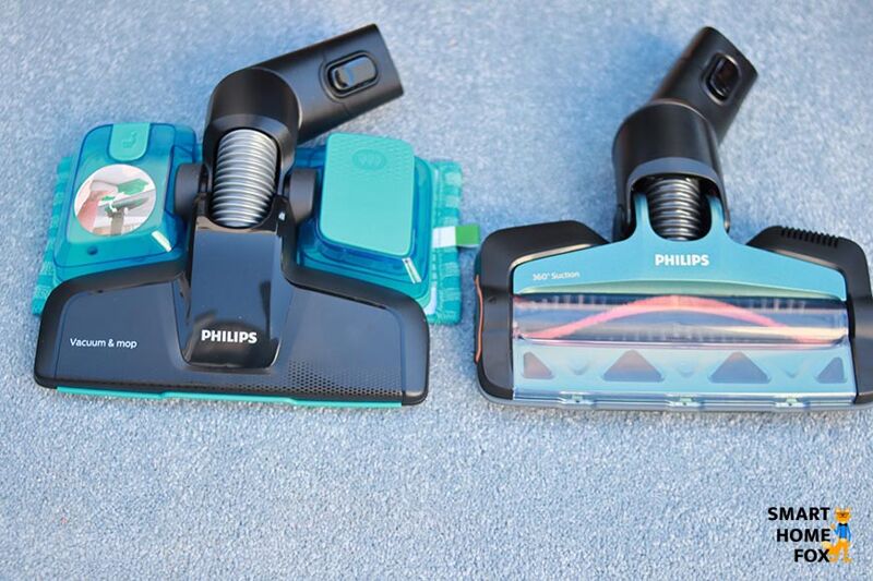 Der Speedpro Max Aqua mit Mopp-Aufsatz mit Magnetverbindung, neben dem normalen Saugaufsatz